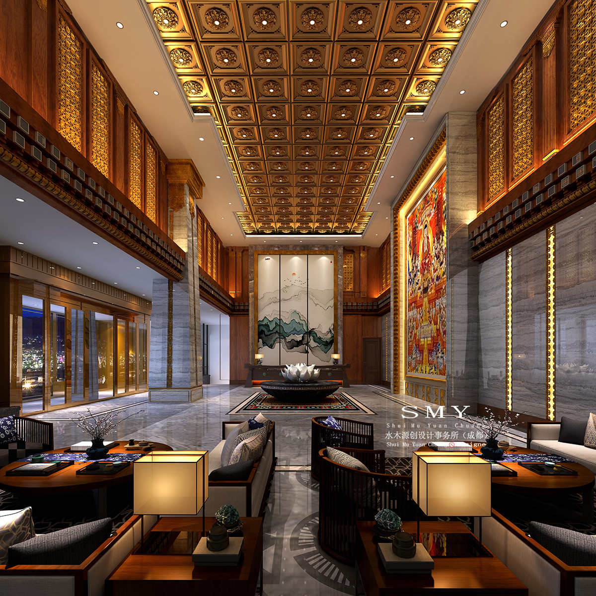 藏式酒店設(shè)計(jì)，酒店大堂大廳空間裝飾設(shè)計(jì)效果圖